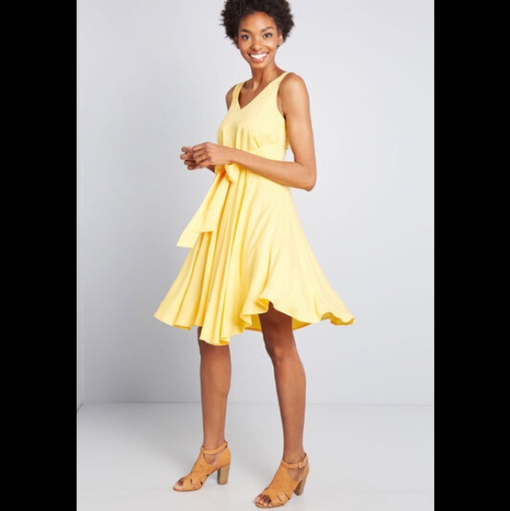 Modcloth Yellow Sleeveless Tie Sash Dress